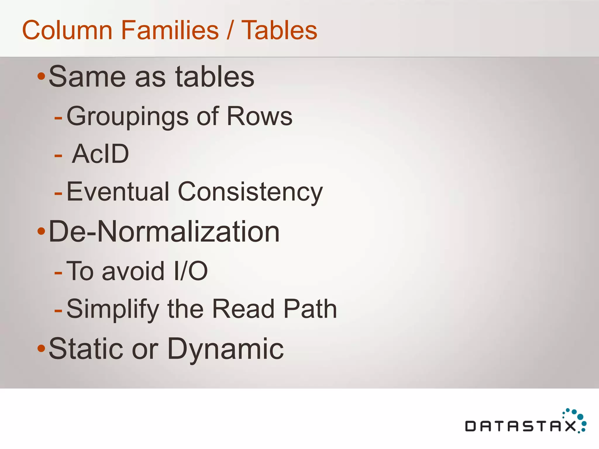 Column Families / Tables
•Same as tables
-Groupings of Rows
- AcID
-Eventual Consistency
•De-Normalization
-To avoid I/O
-Simplify the Read Path
•Static or Dynamic
 
