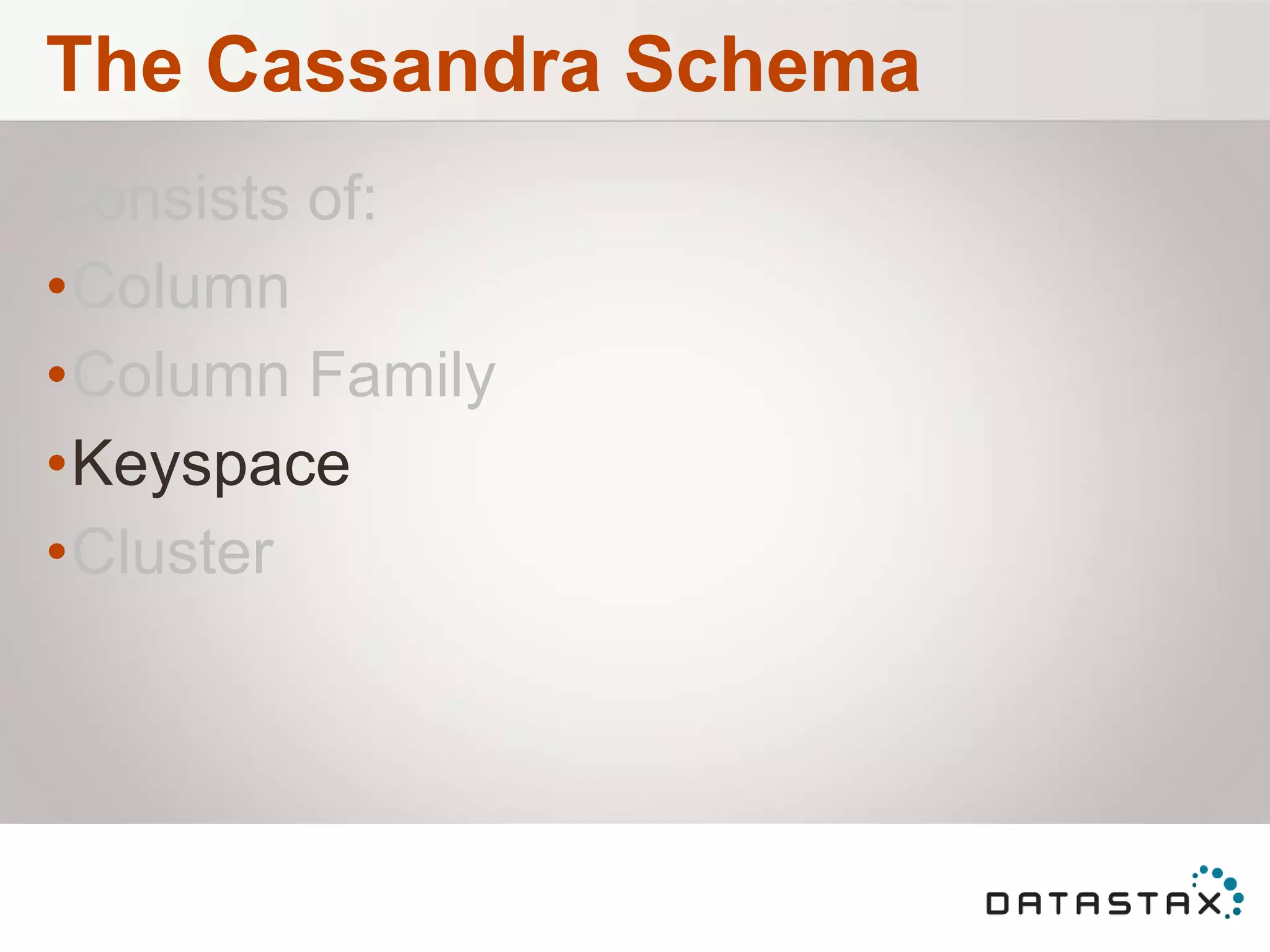 The Cassandra Schema
Consists of:
•Column
•Column Family
•Keyspace
•Cluster
 