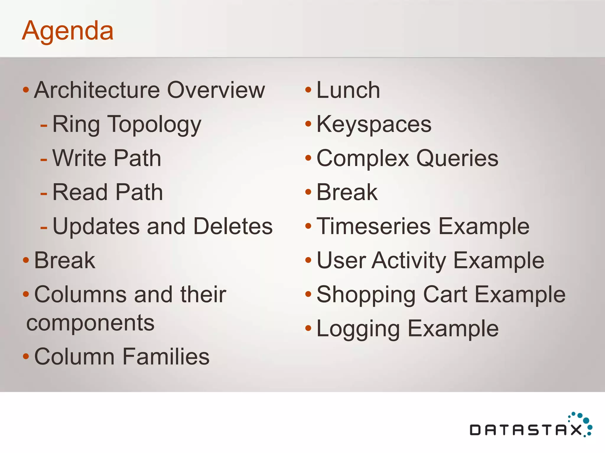 Agenda
• Architecture Overview
- Ring Topology
- Write Path
- Read Path
- Updates and Deletes
• Break
• Columns and their
components
• Column Families
• Lunch
• Keyspaces
• Complex Queries
• Break
• Timeseries Example
• User Activity Example
• Shopping Cart Example
• Logging Example
 