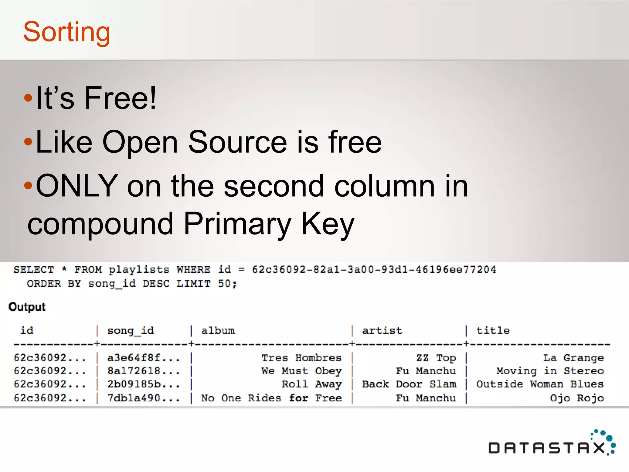 Sorting
•It‟s Free!
•Like Open Source is free
•ONLY on the second column in
compound Primary Key
 