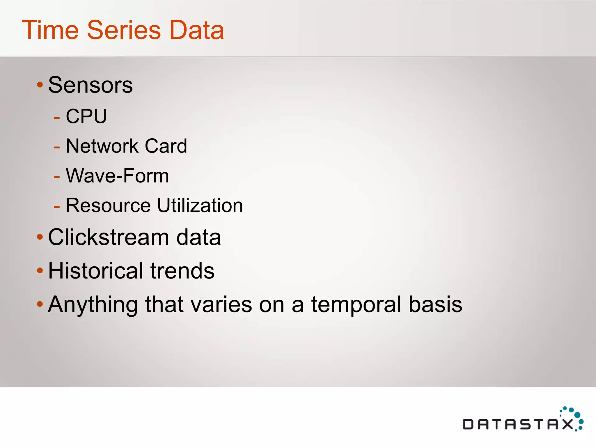 Time Series Data
• Sensors
- CPU
- Network Card
- Wave-Form
- Resource Utilization
• Clickstream data
• Historical trends
• Anything that varies on a temporal basis
 