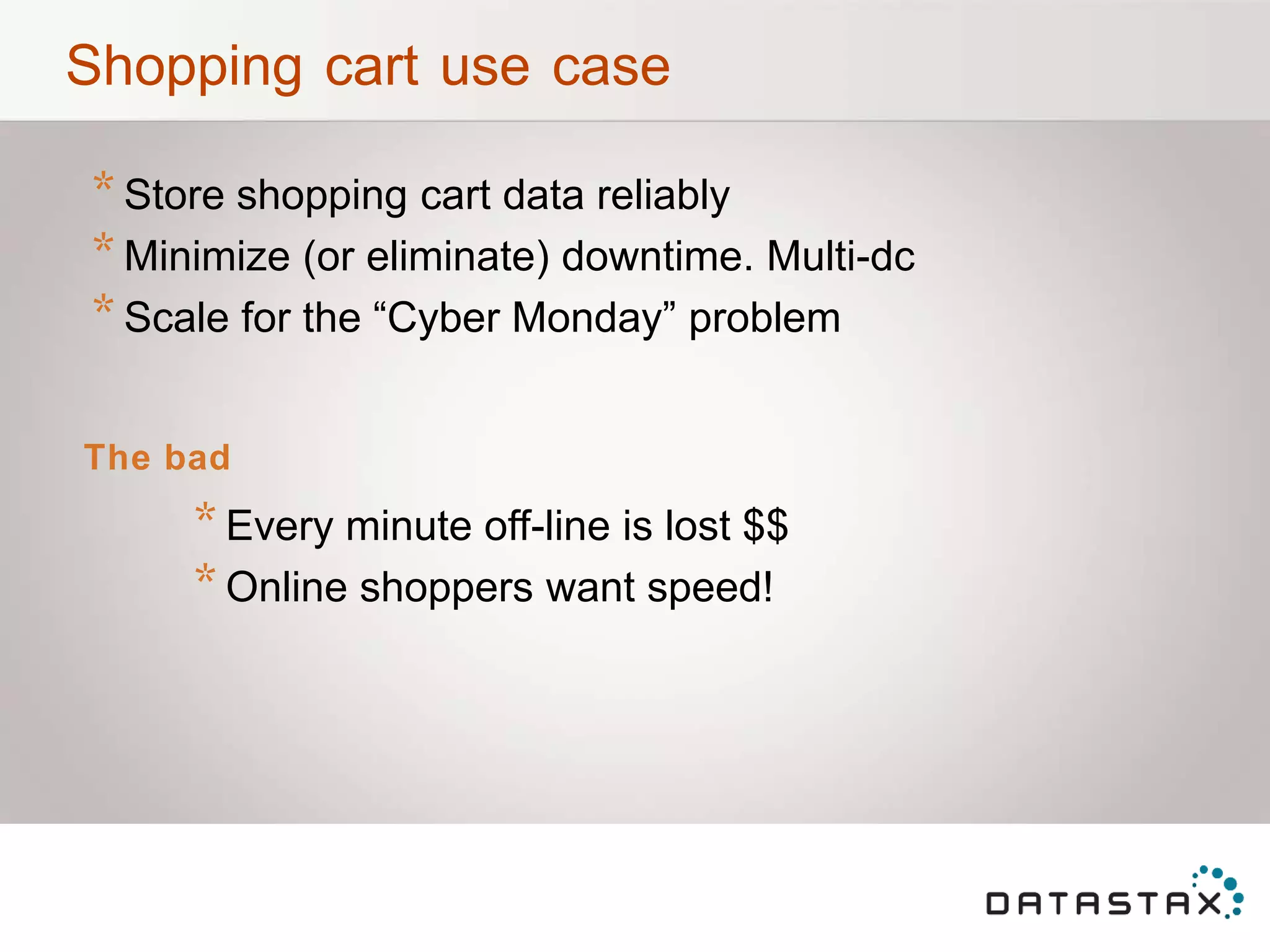 Shopping cart use case
*Store shopping cart data reliably
*Minimize (or eliminate) downtime. Multi-dc
*Scale for the “Cyber Monday” problem
The bad
*Every minute off-line is lost $$
*Online shoppers want speed!
 
