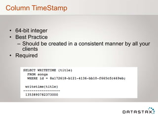 Column TimeStamp
• 64-bit integer
• Best Practice
– Should be created in a consistent manner by all your
clients
• Required
 