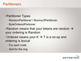 Partitioners
• Partitioner Types
- RandomPartitioner / Murmur3Partitioner
- ByteOrderedPartioner
• Random means that your tokens are random 
your ordering is Random
• Ordered means your K  T is a no-op and
ordering is lexical
- For each node
- And for the ring
 