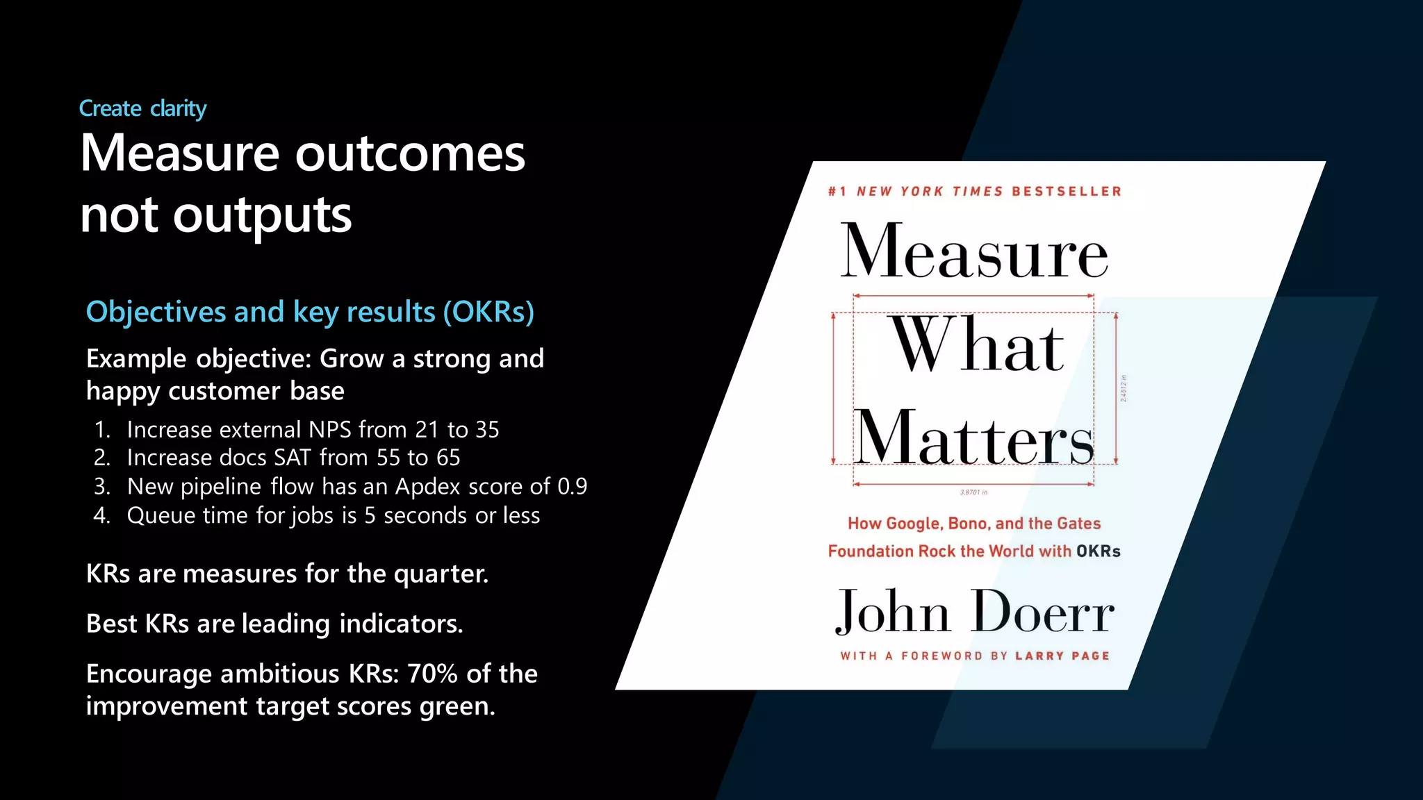 Create clarity
Measure outcomes
not outputs
Objectives and key results (OKRs)
Example objective: Grow a strong and
happy customer base
1. Increase external NPS from 21 to 35
2. Increase docs SAT from 55 to 65
3. New pipeline flow has an Apdex score of 0.9
4. Queue time for jobs is 5 seconds or less
KRs are measures for the quarter.
Best KRs are leading indicators.
Encourage ambitious KRs: 70% of the
improvement target scores green.
 