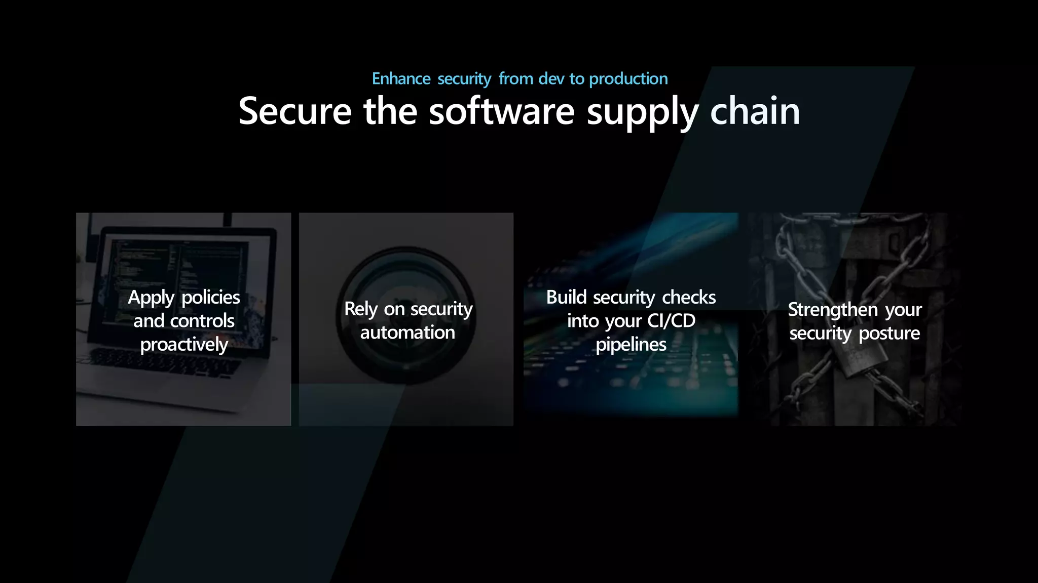 Enhance security from dev to production
Secure the software supply chain
Apply policies
and controls
proactively
Rely on security
automation
Build security checks
into your CI/CD
pipelines
Strengthen your
security posture
 