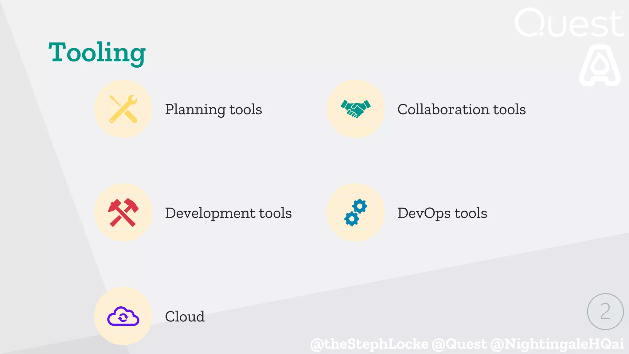 @theStephLocke @Quest @NightingaleHQai
Tooling
Planning tools Collaboration tools
Development tools DevOps tools
Cloud
 