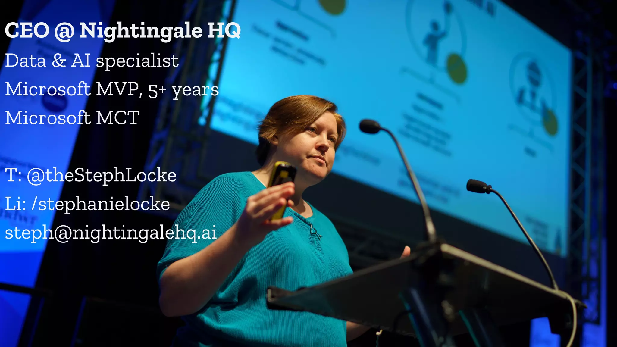 @theStephLocke @Quest @NightingaleHQai
CEO @ Nightingale HQ
Data & AI specialist
Microsoft MVP, 5+ years
Microsoft MCT
T: @theStephLocke
Li: /stephanielocke
steph@nightingalehq.ai
 