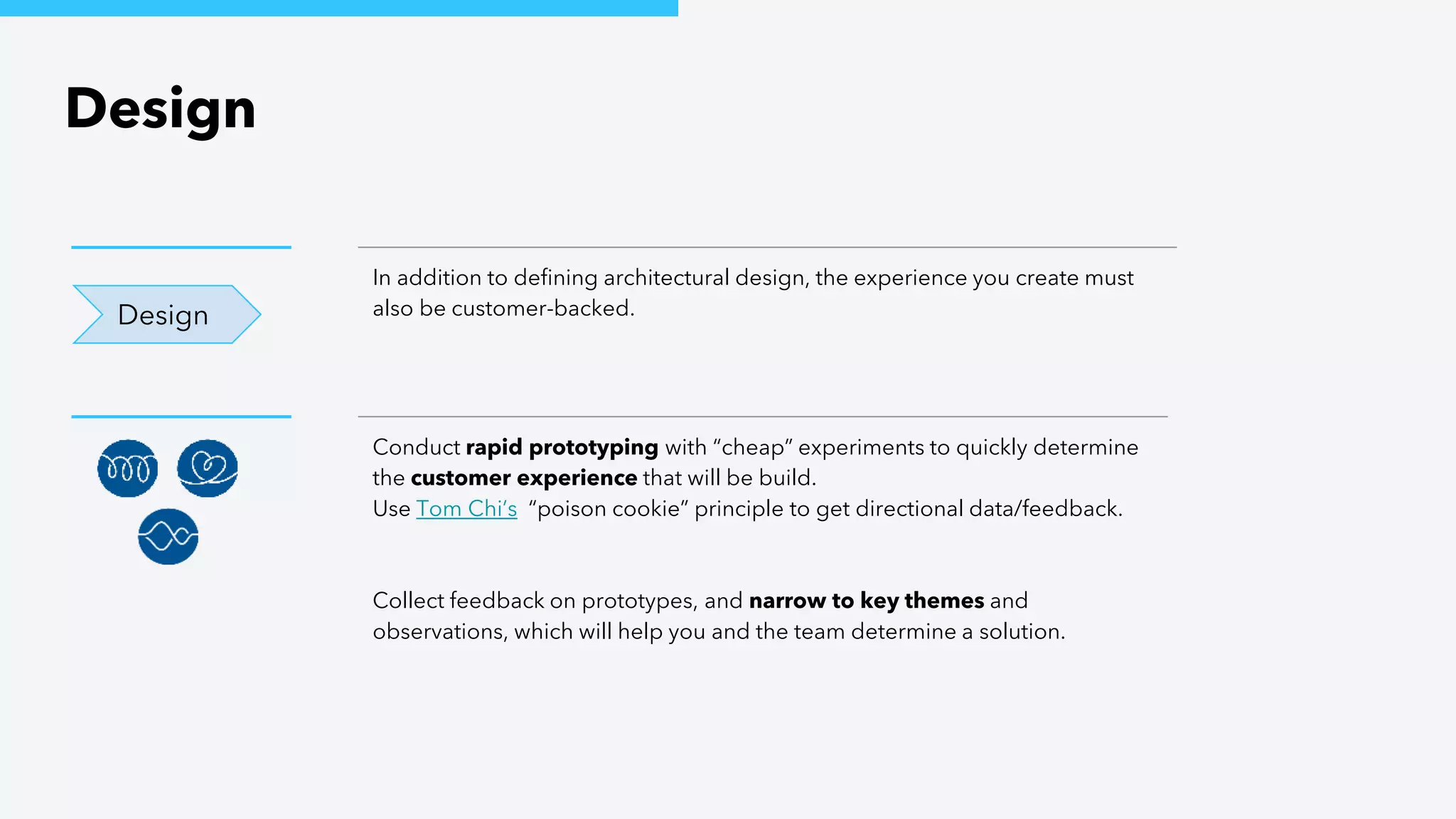 Design
Design
In addition to defining architectural design, the experience you create must
also be customer-backed.
Conduct rapid prototyping with “cheap” experiments to quickly determine
the customer experience that will be build.
Use Tom Chi’s “poison cookie” principle to get directional data/feedback.
Collect feedback on prototypes, and narrow to key themes and
observations, which will help you and the team determine a solution.
 