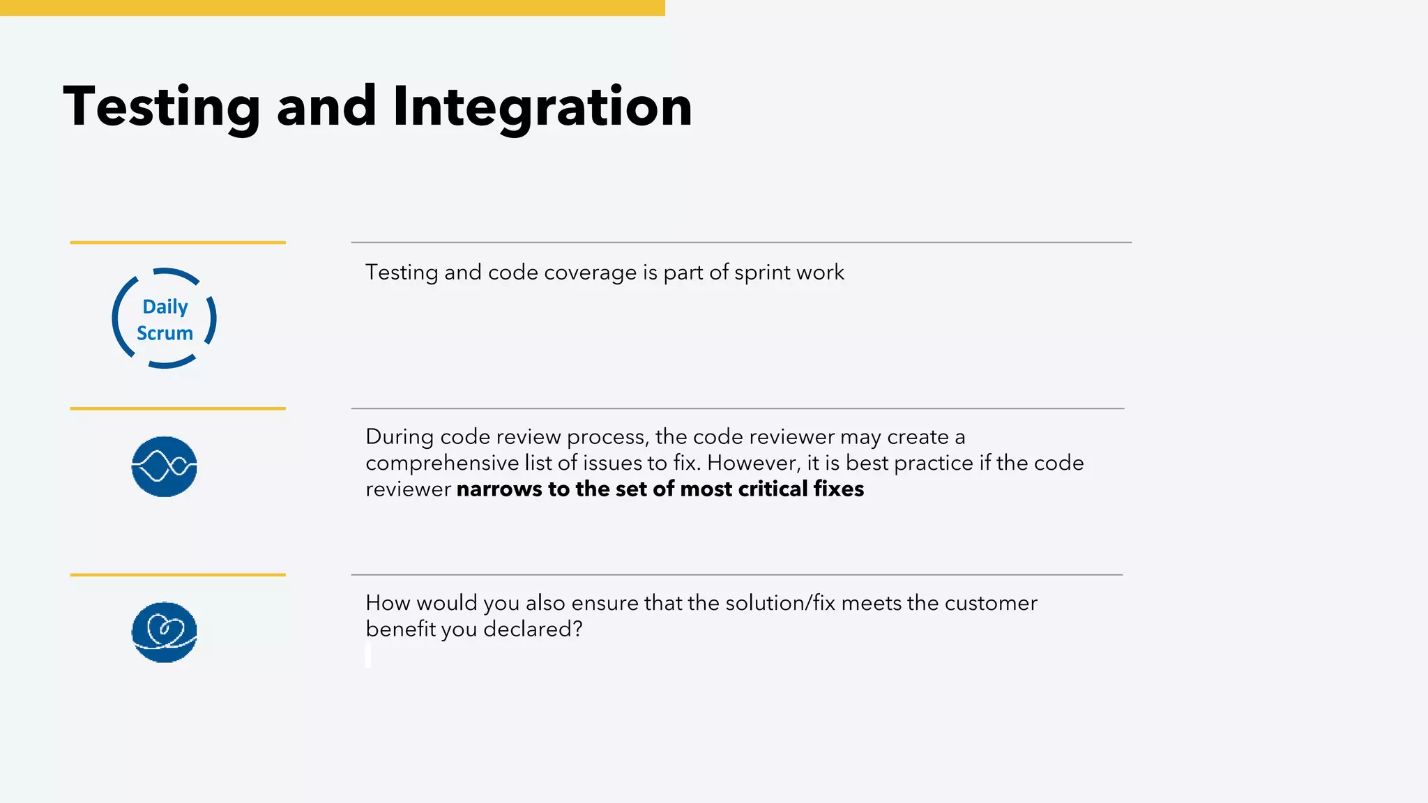 Testing and Integration
How would you also ensure that the solution/fix meets the customer
benefit you declared?
Testing and code coverage is part of sprint work
During code review process, the code reviewer may create a
comprehensive list of issues to fix. However, it is best practice if the code
reviewer narrows to the set of most critical fixes
Daily
Scrum
 