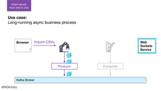 Import CSVs
Consumer
Producer
Browser
@NSilnitsky
Event-driven
from end to end
Use case:
Long-running async business process
Kafka Broker
Web
Sockets
Service
 