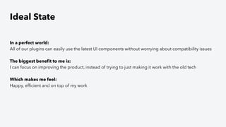 Ideal State
In a perfect world:
All of our plugins can easily use the latest UI components without worrying about compatibility issues
The biggest beneﬁt to me is:
I can focus on improving the product, instead of trying to just making it work with the old tech
Which makes me feel:
Happy, efﬁcient and on top of my work
 