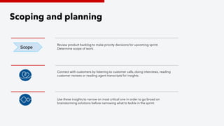 Use these insights to narrow on most critical one in order to go broad on
brainstorming solutions before narrowing what to tackle in the sprint.
Scope
Scoping and planning
Review product backlog to make priority decisions for upcoming sprint.
Determine scope of work.
Connect with customers by listening to customer calls, doing interviews, reading
customer reviews or reading agent transcripts for insights.
 