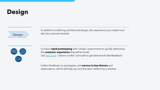 Design
Design
In addition to deﬁning architectural design, the experience you create must
also be customer-backed.
Conduct rapid prototyping with “cheap” experiments to quickly determine
the customer experience that will be build.
Use Tom Chi’s “poison cookie” principle to get directional data/feedback.
Collect feedback on prototypes, and narrow to key themes and
observations, which will help you and the team determine a solution.
 