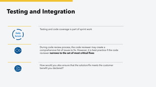 Testing and Integration
How would you also ensure that the solution/ﬁx meets the customer
beneﬁt you declared?
Testing and code coverage is part of sprint work
During code review process, the code reviewer may create a
comprehensive list of issues to ﬁx. However, it is best practice if the code
reviewer narrows to the set of most critical ﬁxes
Daily
Scrum
 
