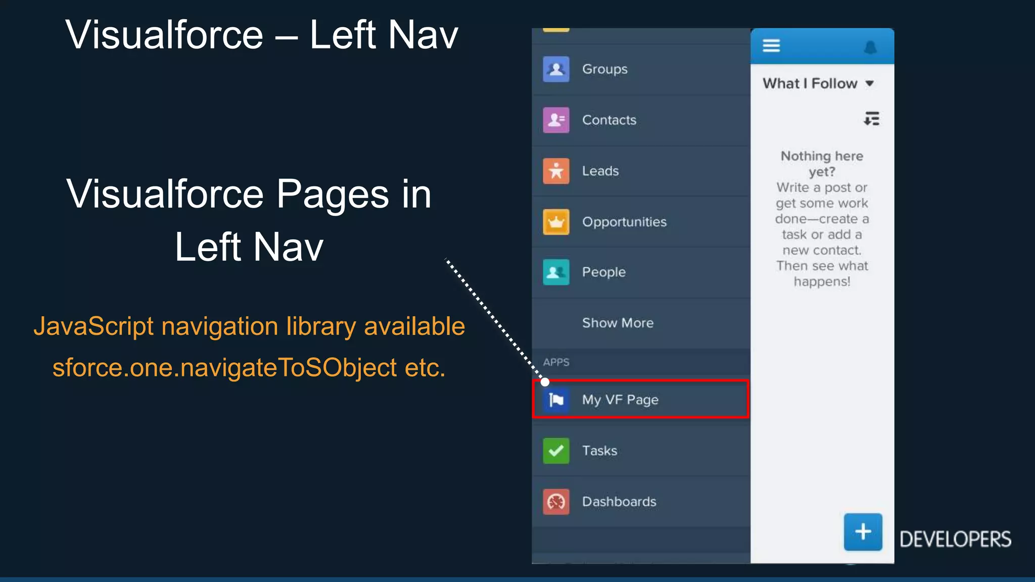 Visualforce – Left Nav
Visualforce Pages in
Left Nav
JavaScript navigation library available
sforce.one.navigateToSObject etc.
 