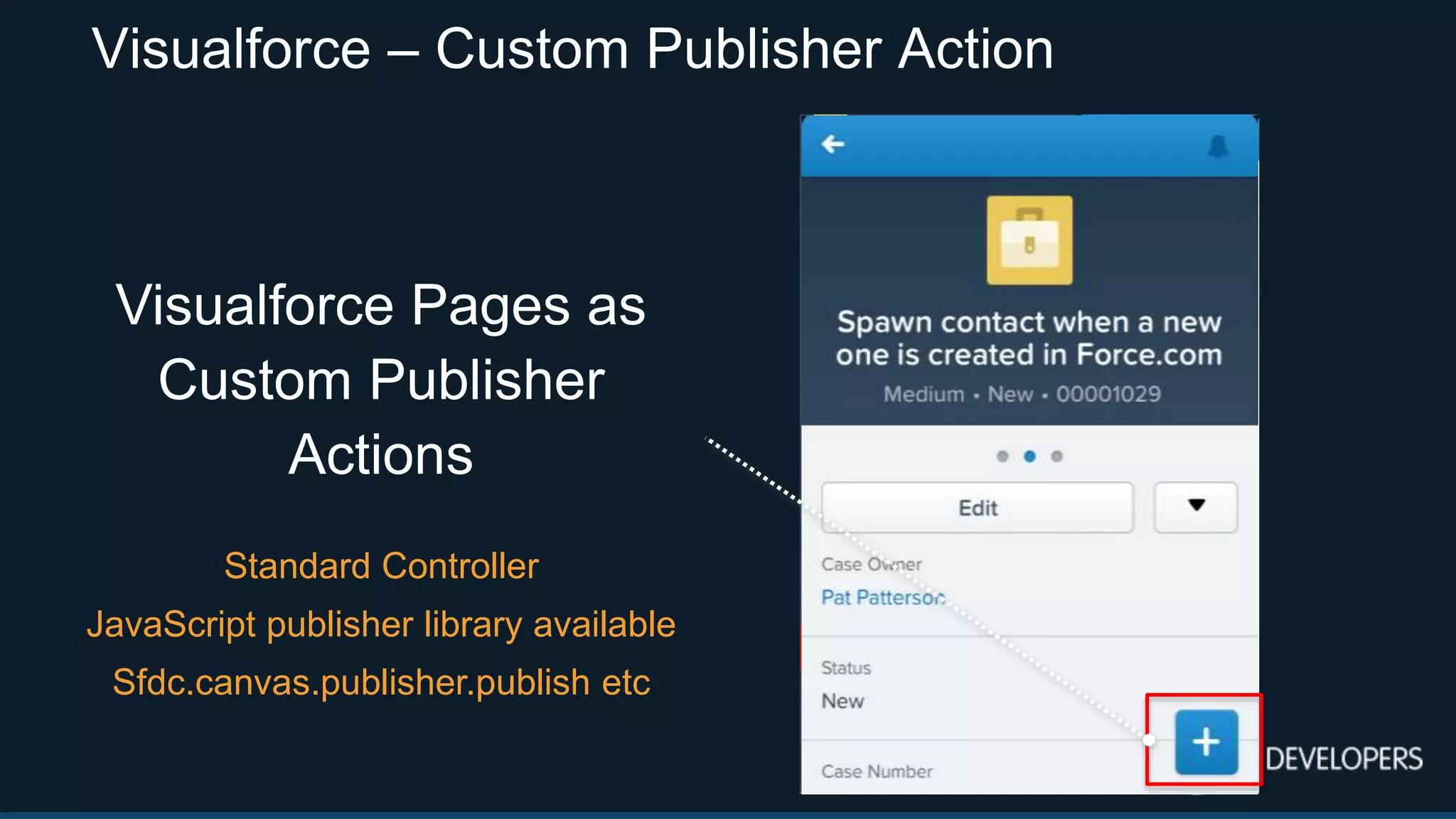 Visualforce – Custom Publisher Action
Visualforce Pages as
Custom Publisher
Actions
Standard Controller
JavaScript publisher library available
Sfdc.canvas.publisher.publish etc
 