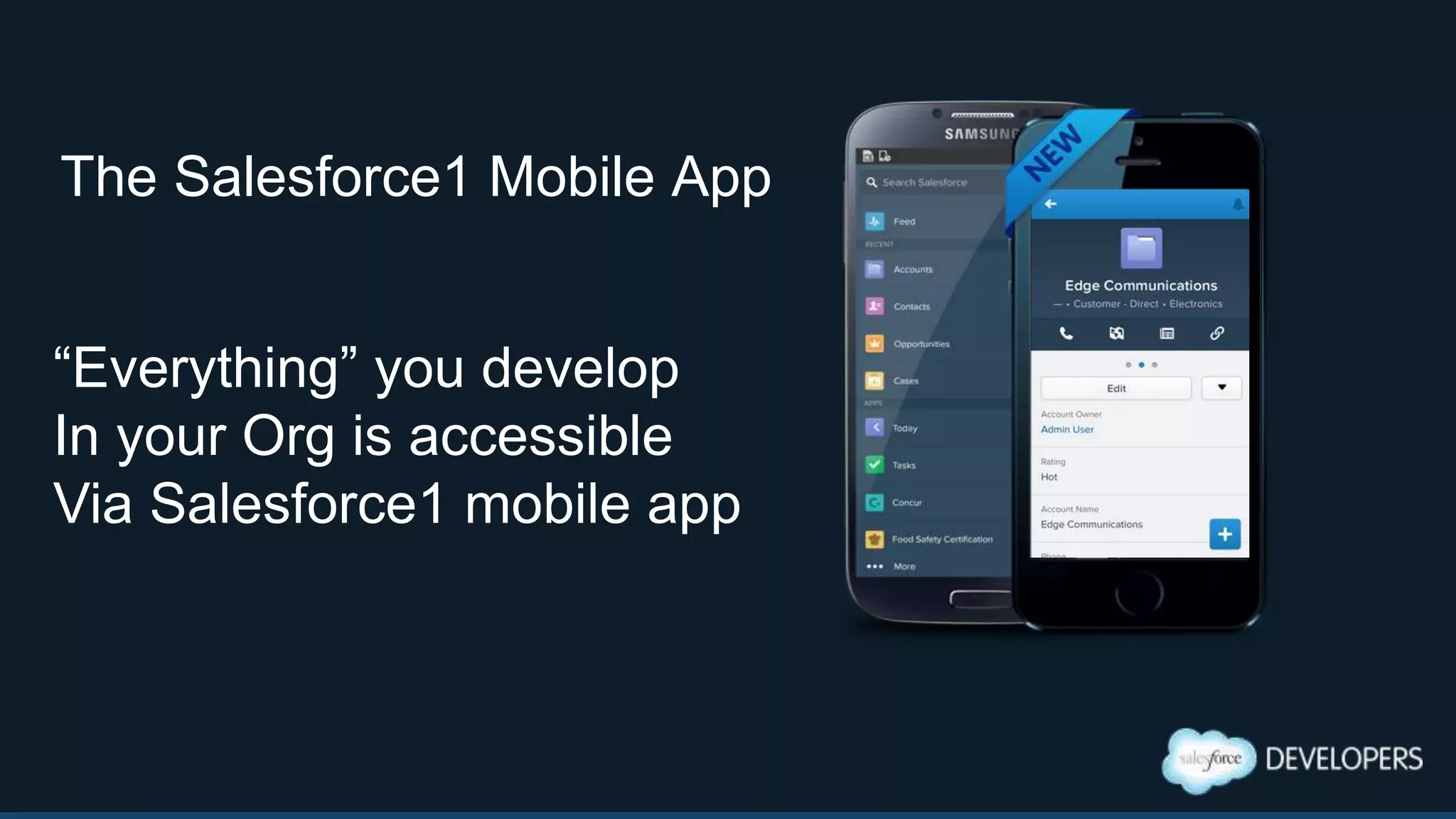 The Salesforce1 Mobile App
“Everything” you develop
In your Org is accessible
Via Salesforce1 mobile app
 