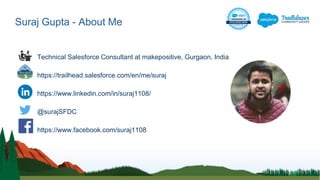 Suraj Gupta - About Me
Technical Salesforce Consultant at makepositive, Gurgaon, India
https://trailhead.salesforce.com/en/me/suraj
https://www.linkedin.com/in/suraj1108/
@surajSFDC
https://www.facebook.com/suraj1108
 