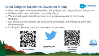 About Gurgaon Salesforce Developer Group
● Now back again with the new leaders : Suraj Gupta and Deepak Kumar Srivastava
● On-boarded in new trailblazer community (Bevy).
● We are back again with 51 members as a gurgaon salesforce community
(#Ohana).
● Our aim is to catch most of the Salesforce Developers, and Introduce them from
the community.
● Looking for the new speakers and awesome sessions.
Call For Speakers
Join Gurgaon
Salesforce
Community
@gurgaon_sfdc
 