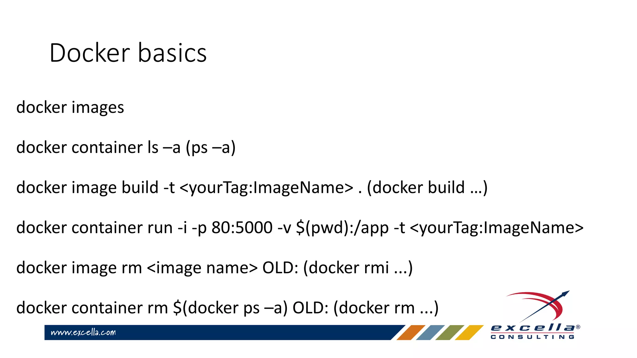 Docker basics
docker images
docker container ls –a (ps –a)
docker image build -t <yourTag:ImageName> . (docker build …)
docker container run -i -p 80:5000 -v $(pwd):/app -t <yourTag:ImageName>
docker image rm <image name> OLD: (docker rmi ...)
docker container rm $(docker ps –a) OLD: (docker rm ...)
 