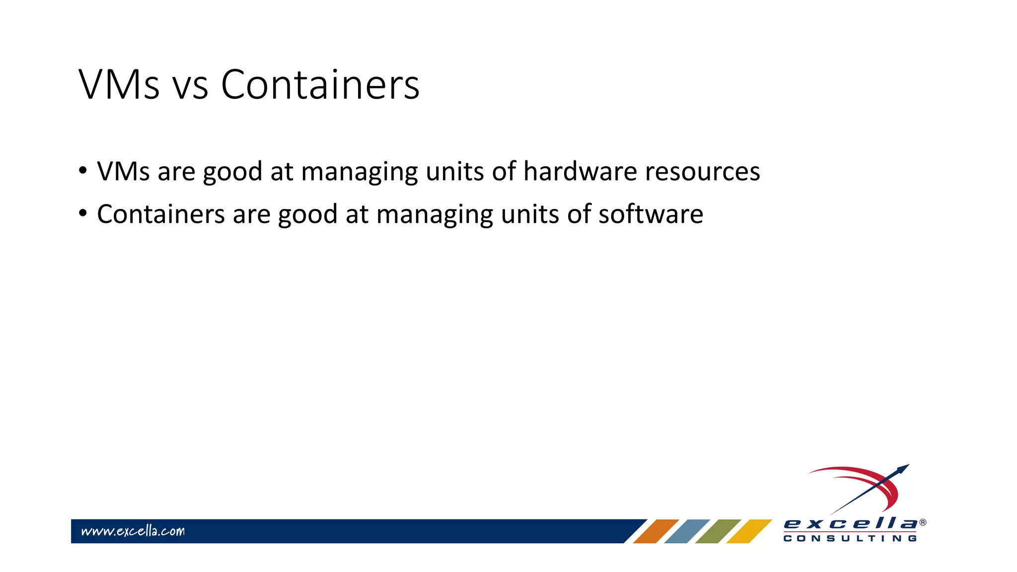 VMs vs Containers
• VMs are good at managing units of hardware resources
• Containers are good at managing units of software
 
