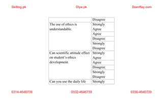 0314-4646739 0332-4646739 0336-4646739
Disagree
The use of ethics is
understandable.
Strongly
Agree
Agree
Disagree
Strongly
Disagree
Can scientific attitude effect
on student’s ethics
development.
Strongly
Agree
Agree
Disagree
Strongly
Disagree
Can you use the daily life Strongly
Skilling.pk Diya.pk Stamflay.com
 