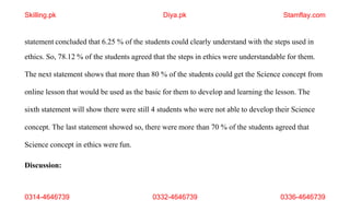 0314-4646739 0332-4646739 0336-4646739
statement concluded that 6.25 % of the students could clearly understand with the steps used in
ethics. So, 78.12 % of the students agreed that the steps in ethics were understandable for them.
The next statement shows that more than 80 % of the students could get the Science concept from
online lesson that would be used as the basic for them to develop and learning the lesson. The
sixth statement will show there were still 4 students who were not able to develop their Science
concept. The last statement showed so, there were more than 70 % of the students agreed that
Science concept in ethics were fun.
Discussion:
Skilling.pk Diya.pk Stamflay.com
 