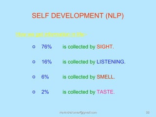 SELF DEVELOPMENT (NLP)

How we get information in life:-

       o   76%       is collected by SIGHT.

       o   16%       is collected by LISTENING.

       o   6%        is collected by SMELL.

       o   2%        is collected by TASTE.


                   rravindrakumar@gmail.com       22
 