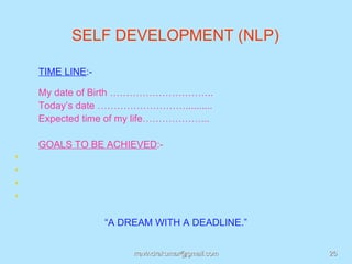 SELF DEVELOPMENT (NLP)

    TIME LINE:-

    My date of Birth …………………………..
    Today’s date ………………………..........
    Expected time of my life………………...

    GOALS TO BE ACHIEVED:-
•
•
•
•

                  “A DREAM WITH A DEADLINE.”


                       rravindrakumar@gmail.com   26
 