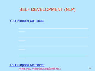 SELF DEVELOPMENT (NLP)

Your Purpose Sentence:

     _____________________________________________________
     _____

     _____________________________________________________
     _____

     _____________________________________________________
     _____

     _____________________________________________________
     _____


Your Purpose Statement
                   rravindrakumar@gmail.com
     (What, Why, What will it require for me.)               27
 