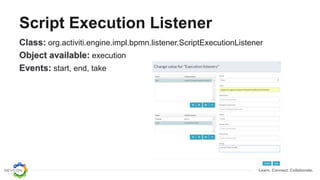 Learn. Connect. Collaborate.
Script Execution Listener
Class: org.activiti.engine.impl.bpmn.listener.ScriptExecutionListener
Object available: execution
Events: start, end, take
 
