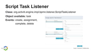 Learn. Connect. Collaborate.
Script Task Listener
Class: org.activiti.engine.impl.bpmn.listener.ScriptTaskListener
Object available: task
Events: create, assignment,
complete, delete
 