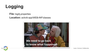 Learn. Connect. Collaborate.
Logging
File: log4j.properties
Location: activiti-appWEB-INFclasses
We need to go back
to know what happened
 