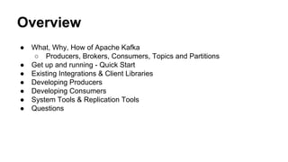 Overview
●
●
●
●
●
●
●

What, Why, How of Apache Kafka
○ Producers, Brokers, Consumers, Topics and Partitions
Get up and running - Quick Start
Existing Integrations & Client Libraries
Developing Producers
Developing Consumers
System Tools & Replication Tools
Questions

 