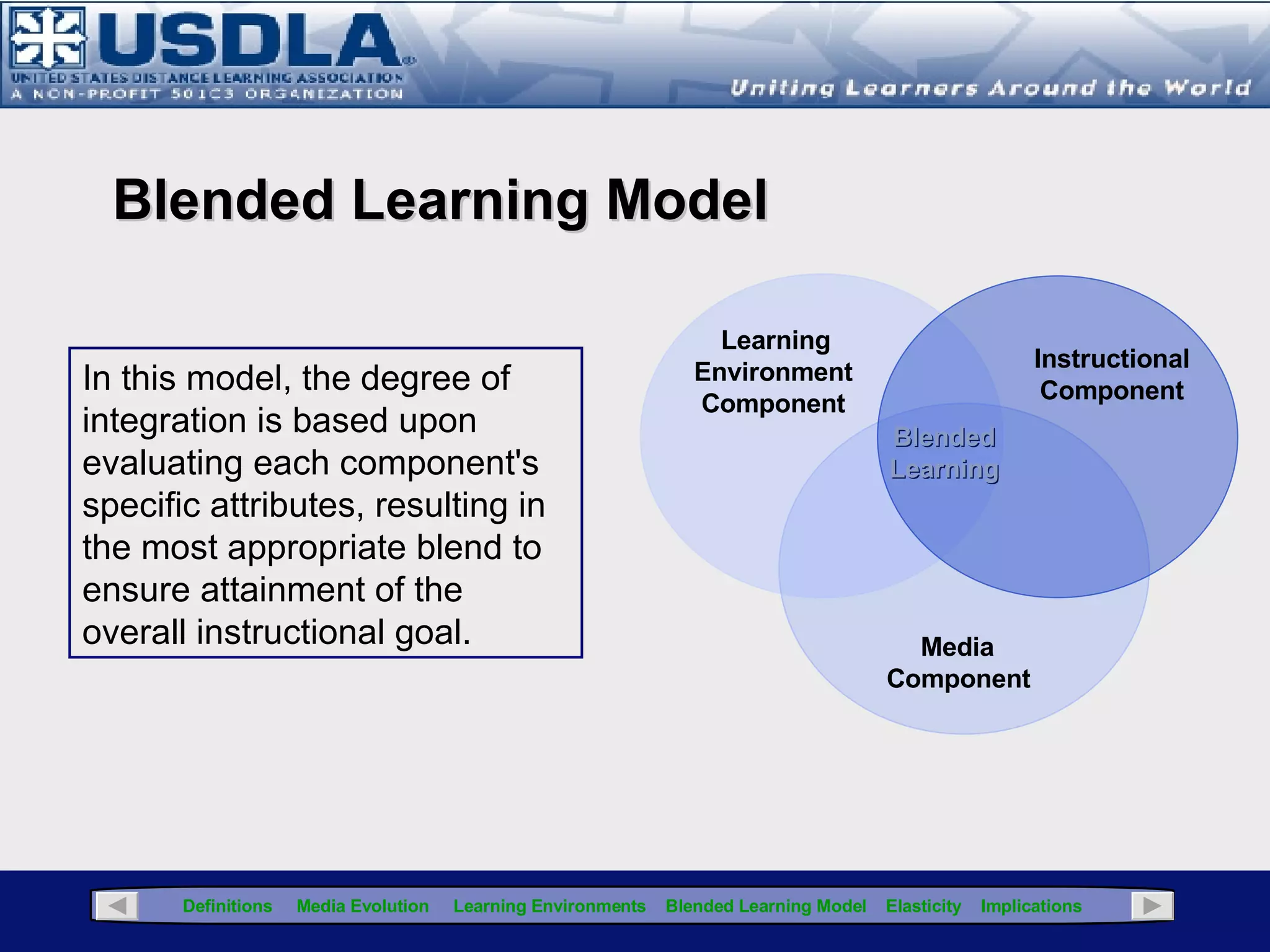 Click for Glossary Blended Learning Model Concept Map Depicted in this concept map are the blended learning model subcomponents. The degree of integration of each of the subcomponents is based upon evaluating specific attributes of each component, resulting in the most appropriate blend to ensure attainment of the instructional goal. Note:  This model is based upon a set of  related  components, although evaluated separately, are viewed  holistically , per se, each component’s specific contribution must be viewed as it relates to the sum total of all the parts… which results in a comprehensive blended learning solution. 