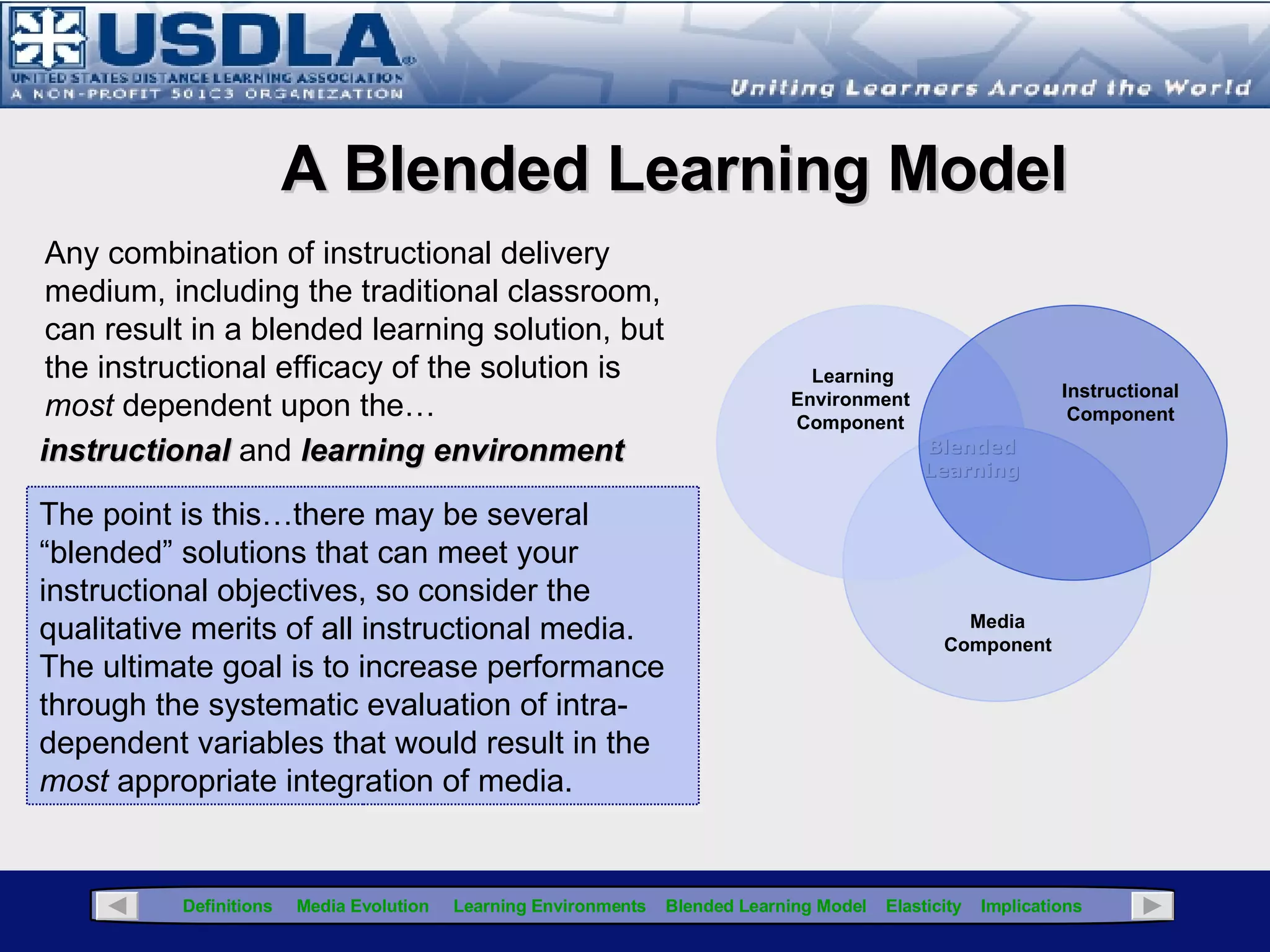 Media Learning  Environment The power of blended learning is in its elasticity Instructional Click for Glossary Concept of Elasticity in Blended Learning Depending upon the [cognitive] level of the learning objectives and the learning environment (synchronous vis-a-vis asynchronous), different combinations of instructional media and instructional strategies can support various levels of interactivity to attain the most appropriate "blend". As the blend changes, the model becomes "elastic", allowing the instructional designer to modify the blend to meet specific learning outcomes. 