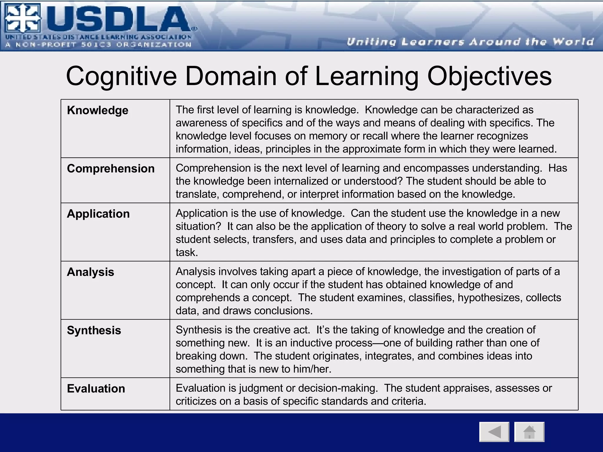 Table of Instructional Strategies Back to Main Page   Instructional Component   Instructional Objectives   Instructional Strategies Instructional  Strategies Description Narration/Lecture Allows for transfer of learning through mere declaration and explication of knowledge.  When interaction is available, it allows for reinforcement of behavior, spontaneous questioning, dialogue, and social interaction with immediate feedback.  Note: Lecture is a very efficient strategy to transfer large amounts of content but has a high cognitive load. Demonstration Skill transfer through the depiction of procedural tasks, events, processes, etc. Role Playing Involves recreating a situation relating to a real-world problem in which participants act out various roles.  Promotes an understanding of other people’s positions and their attitudes as well as the procedures that may be used for diagnosing and solving problems.  Learners may assume the role of a particular character, organization, professional occupation, etc.  Guided  Discussion Supports a synchronous, dialectic learning environment through the spontaneous and free-flowing exchange of information.  Encourages active, participatory learning that supports knowledge transfer through dialogue.  Students may discuss material more in-depth, share insights and experiences, and answer questions.  Simulation Replicates or mimics a real event and allows for continual observation.  A simulation creates a realistic model of an actual situation or environment. Illustration Depicts  abstract concepts with evocative, palpable real-world examples.  