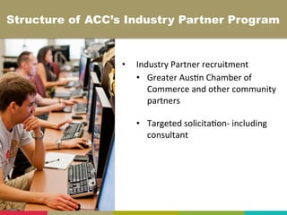 •  Industry	
  Partner	
  recruitment	
  
•  Greater	
  Aus+n	
  Chamber	
  of	
  
Commerce	
  and	
  other	
  community	
  
partners	
  
	
  
•  Targeted	
  solicita+on-­‐	
  including	
  
consultant	
  
	
  
Structure of ACC’s Industry Partner Program	
  
 