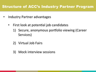 •  Industry	
  Partner	
  advantages	
  
•  First	
  look	
  at	
  poten+al	
  job	
  candidates	
  
1)  Secure,	
  anonymous	
  porIolio	
  viewing	
  (Career	
  
Services)	
  
2)  Virtual	
  Job	
  Fairs	
  
3)  Mock	
  interview	
  sessions	
  
Structure of ACC’s Industry Partner Program	
  
 