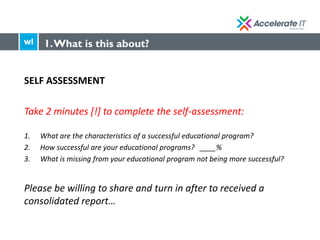 TM
SELF ASSESSMENT
Take 2 minutes [!] to complete the self-assessment:
1. What are the characteristics of a successful educational program?
2. How successful are your educational programs? ____%
3. What is missing from your educational program not being more successful?
Please be willing to share and turn in after to received a
consolidated report…
1.What is this about?
 