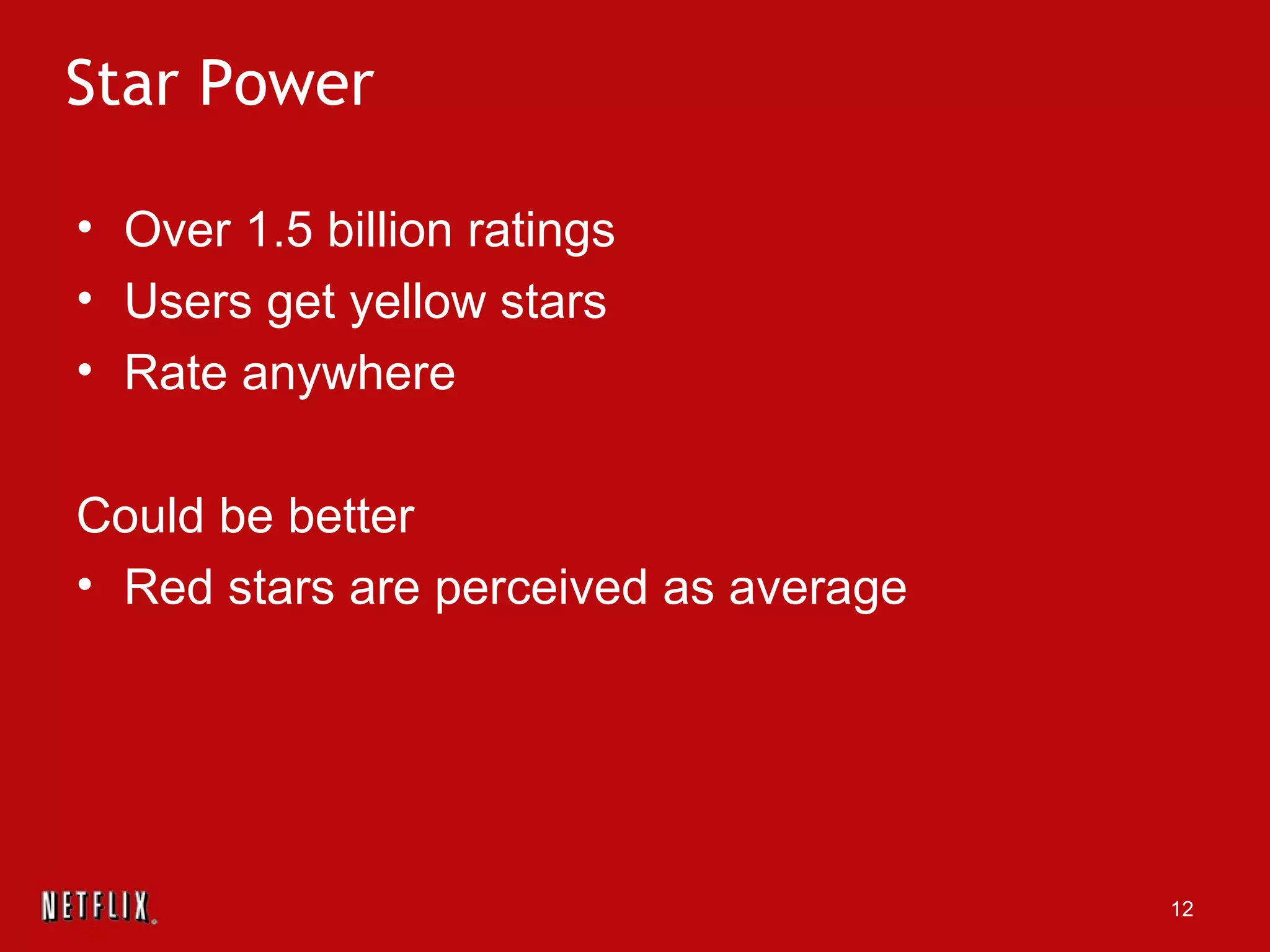 Star Power Over 1.5 billion ratings Users get yellow stars Rate anywhere Could be better Red stars are perceived as average  