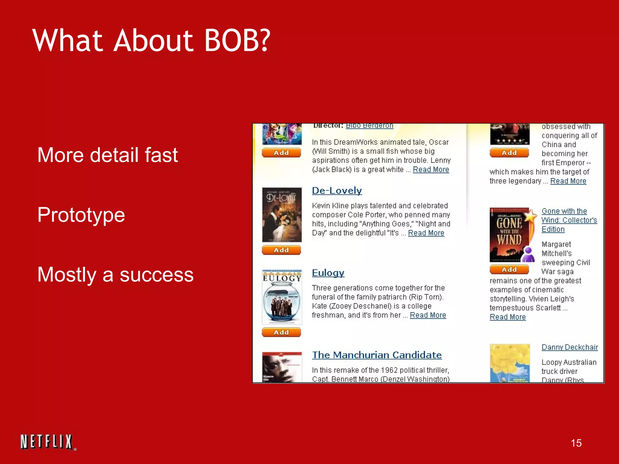 What About BOB? More detail fast Prototype Mostly a success 