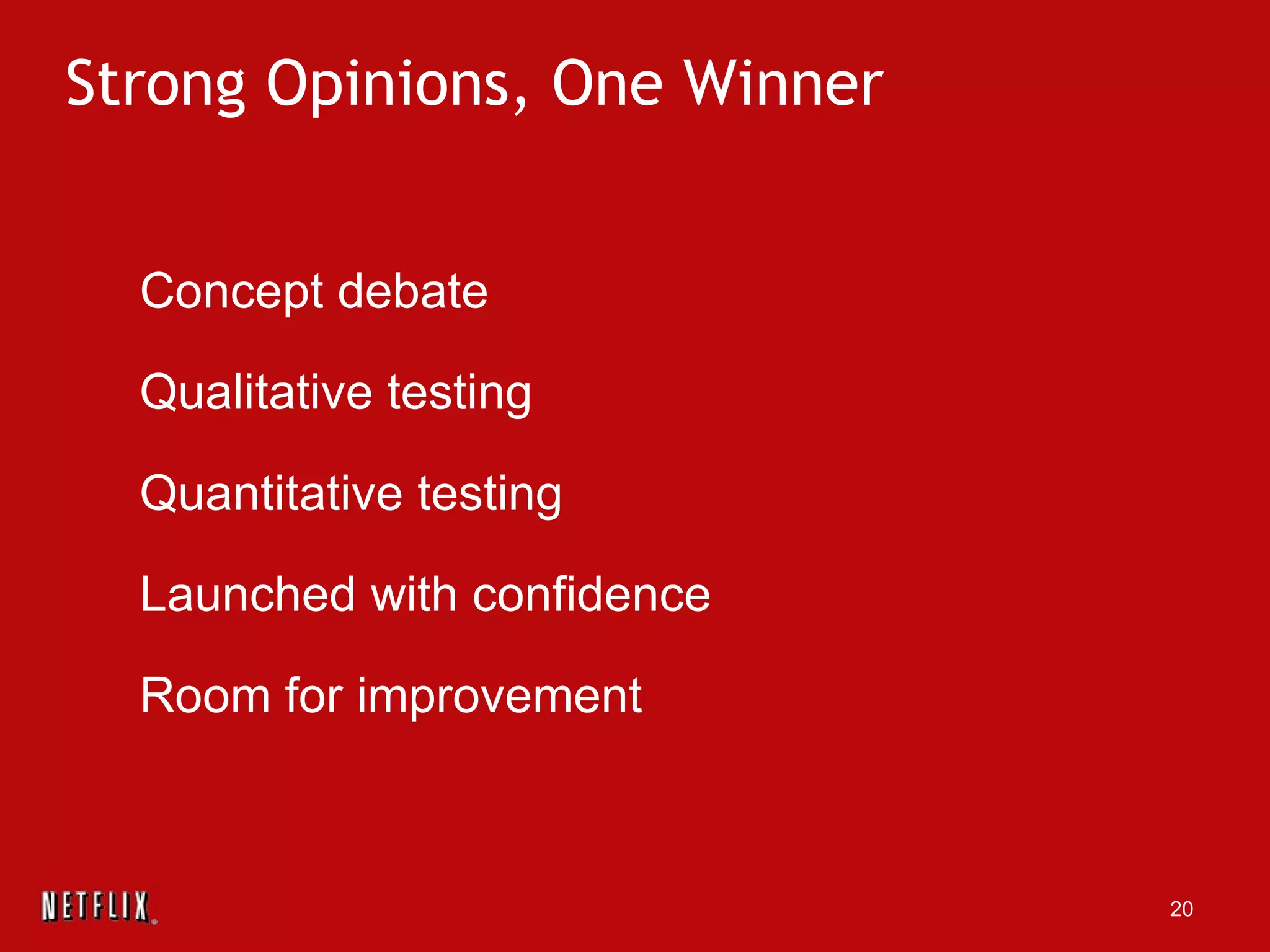 Strong Opinions, One Winner Concept debate Qualitative testing Quantitative testing Launched with confidence Room for improvement 