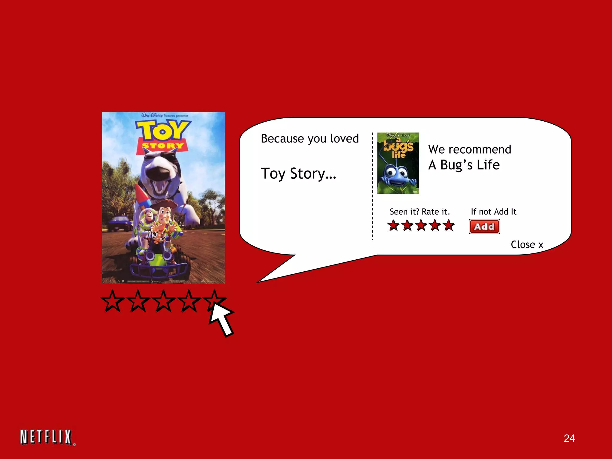 Because you loved Toy Story… We recommend A Bug’s Life Close x Seen it? Rate it.  If not Add It 
