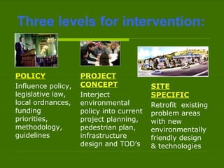 Three levels for intervention: SITE SPECIFIC Retrofit  existing problem areas with new environmentally friendly design  & technologies PROJECT CONCEPT Interject environmental policy into current project planning, pedestrian plan, infrastructure design and TOD’s POLICY Influence policy, legislative law, local ordnances, funding priorities,  methodology, guidelines 