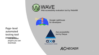 Page-level
automated
testing tool
examples• Free browser
plugins you can
download.
46
WAVEWeb accessibility evaluation tool by WebAIM
Google Lighthouse
for developers
Axe accessibility
tool by Deque
ACHECKER
 