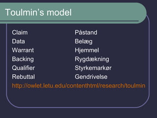 Toulmin’s model Claim Påstand Data Belæg Warrant Hjemmel Backing Rygdækning Qualifier Styrkemarkør Rebuttal Gendrivelse http://owlet.letu.edu/contenthtml/research/toulmin.html 