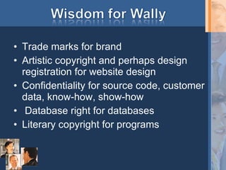 Trade marks for brand Artistic copyright and perhaps design registration for website design Confidentiality for source code, customer data, know-how, show-how Database right for databases Literary copyright for programs 