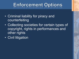 Criminal liability for piracy and counterfeiting Collecting societies for certain types of copyright, rights in performances and other rights Civil litigation 